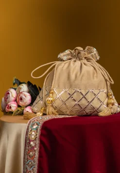 Embroidered Art Silk Potli Bag in Beige