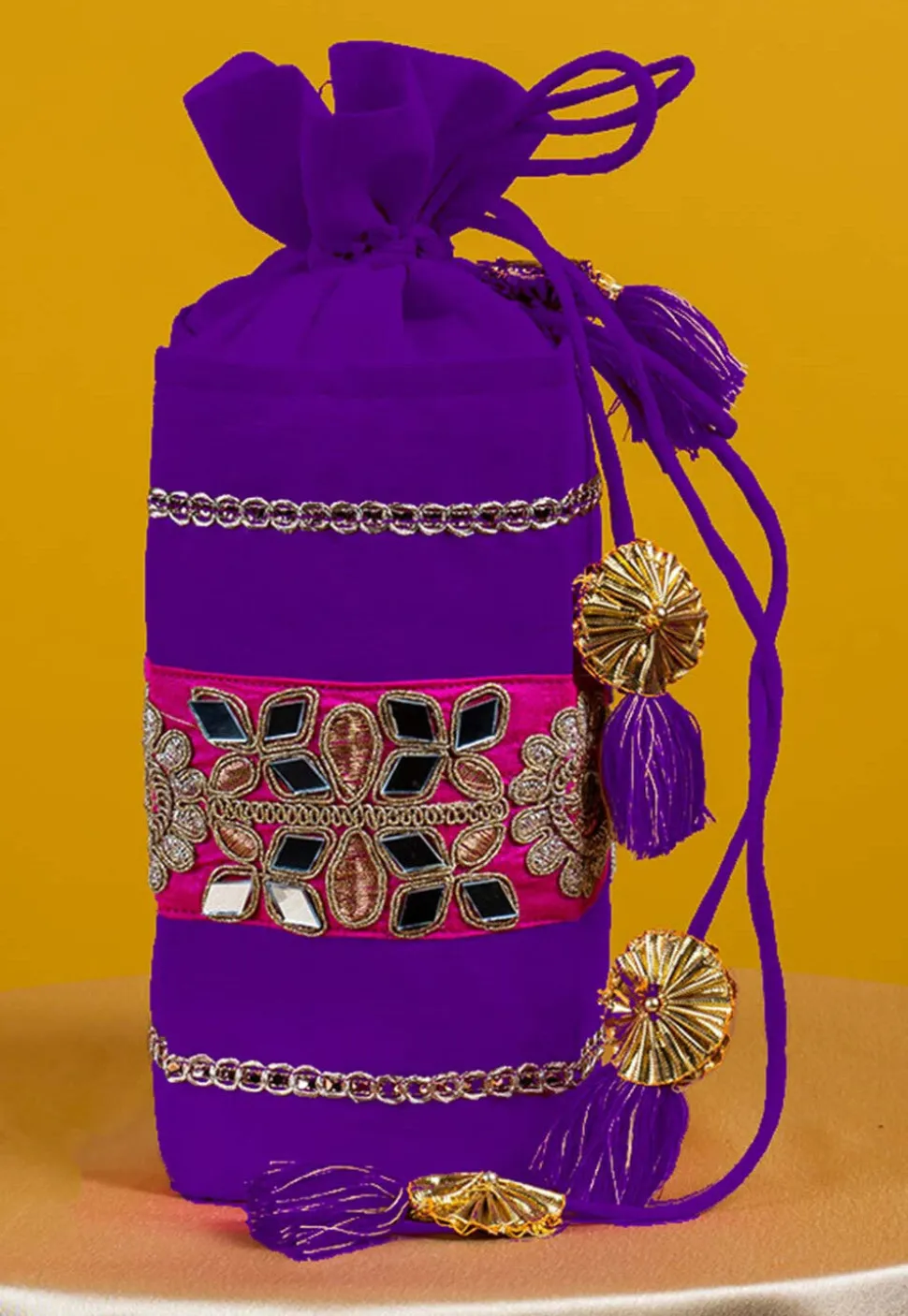 Embroidered Art Silk Potli Bag in Purple