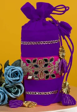 Embroidered Art Silk Potli Bag in Purple