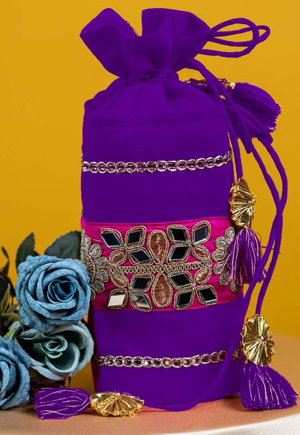 Embroidered Art Silk Potli Bag in Purple