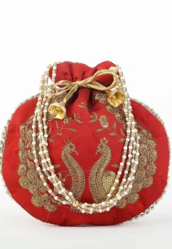 Embroidered Art Silk Potli Bag in Red