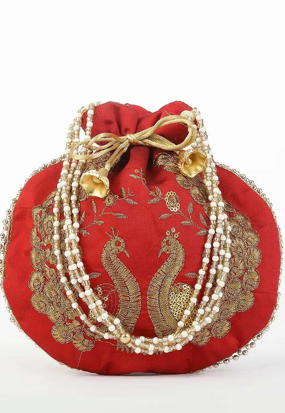 Embroidered Art Silk Potli Bag in Red