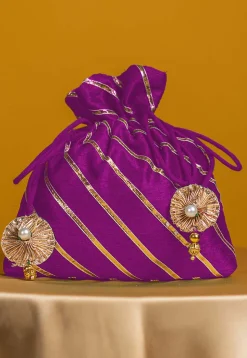 Embroidered Art Silk Potli Bag in Purple