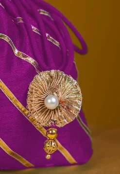 Embroidered Art Silk Potli Bag in Purple