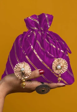 Embroidered Art Silk Potli Bag in Purple