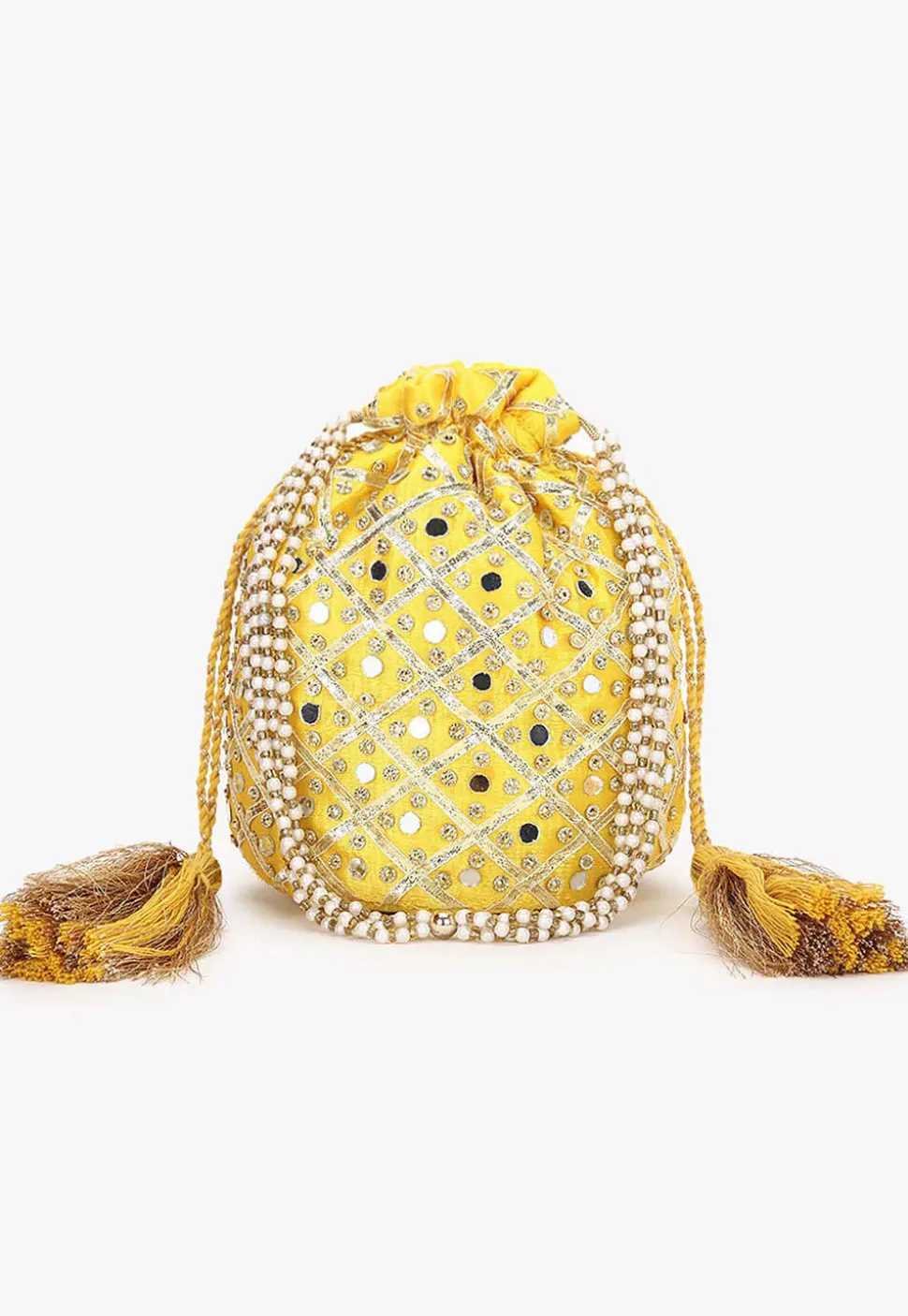 Embroidered Art Silk Potli Bag in Yellow
