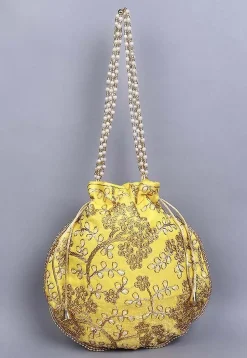Embroidered Art Silk Potli Bag in Yellow