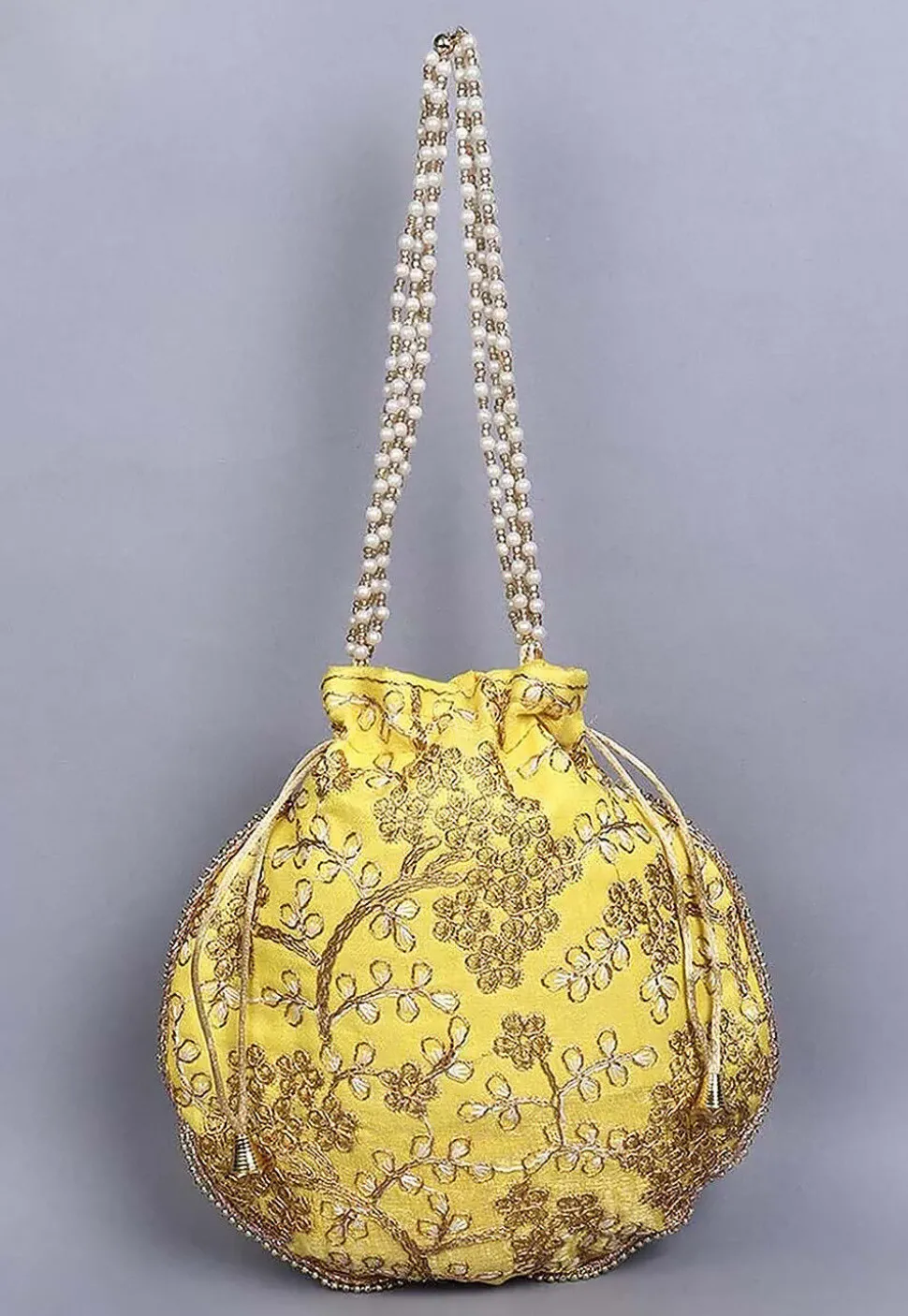 Embroidered Art Silk Potli Bag in Yellow