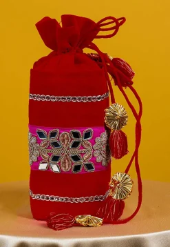 Embroidered Art Silk Potli Bag in Red