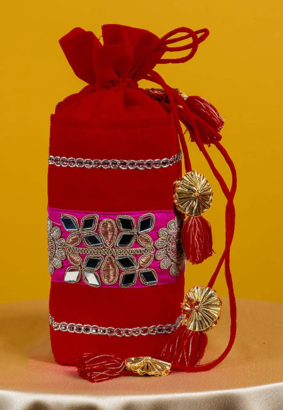 Embroidered Art Silk Potli Bag in Red