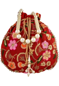 Embroidered Art Silk Potli Bag in Red