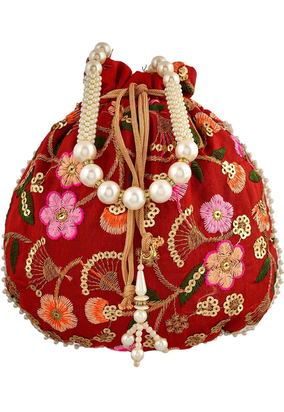 Embroidered Art Silk Potli Bag in Red