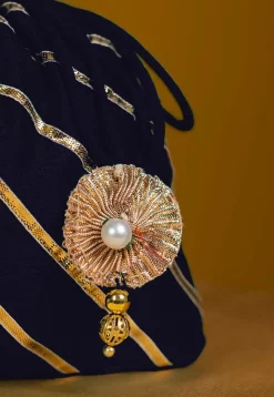 Embroidered Art Silk Potli Bag in Navy Blue