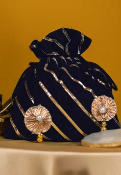 Embroidered Art Silk Potli Bag in Navy Blue