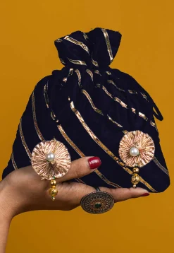 Embroidered Art Silk Potli Bag in Navy Blue