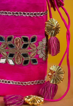 Embroidered Art Silk Potli Bag in Fuchsia
