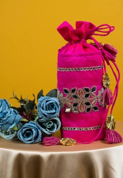 Embroidered Art Silk Potli Bag in Fuchsia