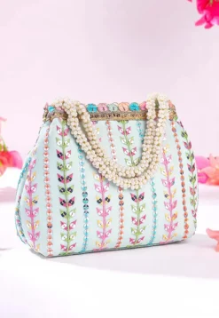 Embroidered Art Silk Potli Bag in Sky Blue