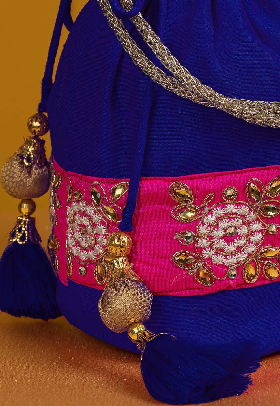Embroidered Art Silk Potli Bag in Royal Blue