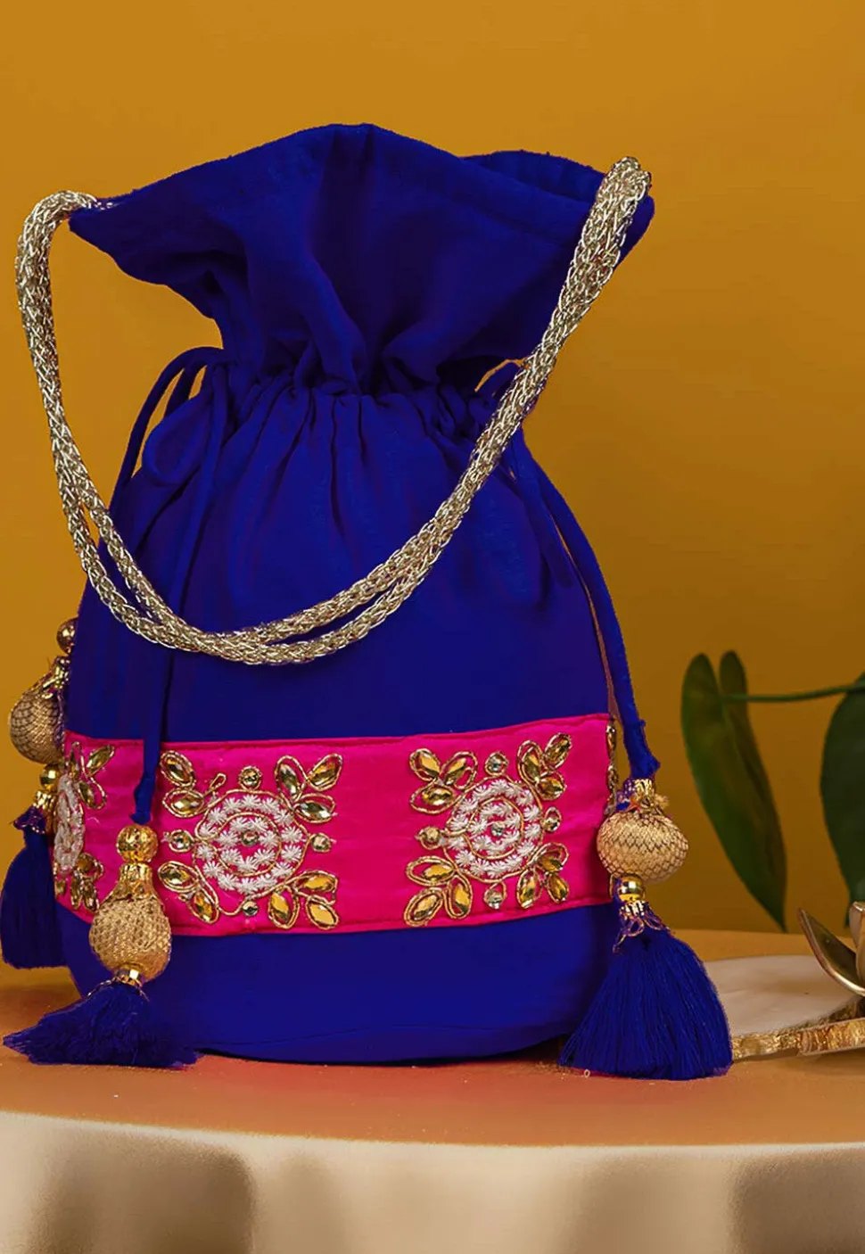 Embroidered Art Silk Potli Bag in Royal Blue