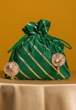 Embroidered Art Silk Potli Bag in Dark Green