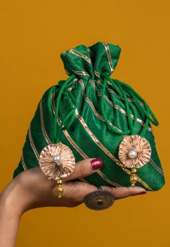 Embroidered Art Silk Potli Bag in Dark Green