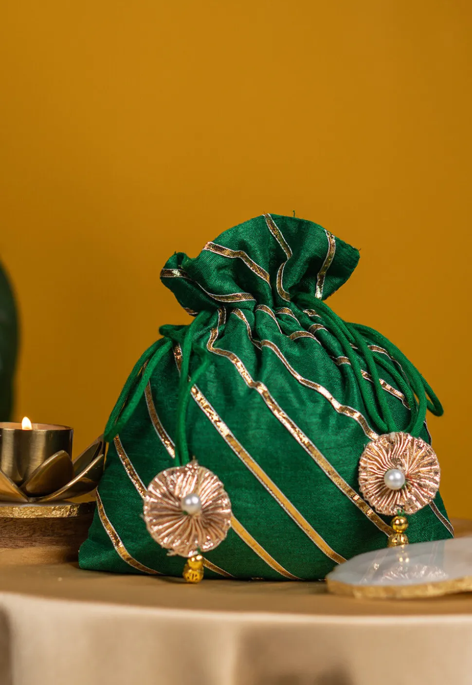 Embroidered Art Silk Potli Bag in Dark Green