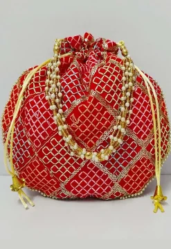 Embroidered Art Silk Potli Bag in Red