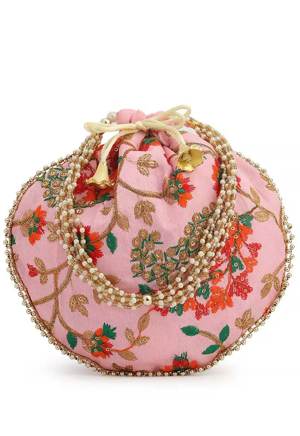 Embroidered Art Silk Potli Bag in Pink