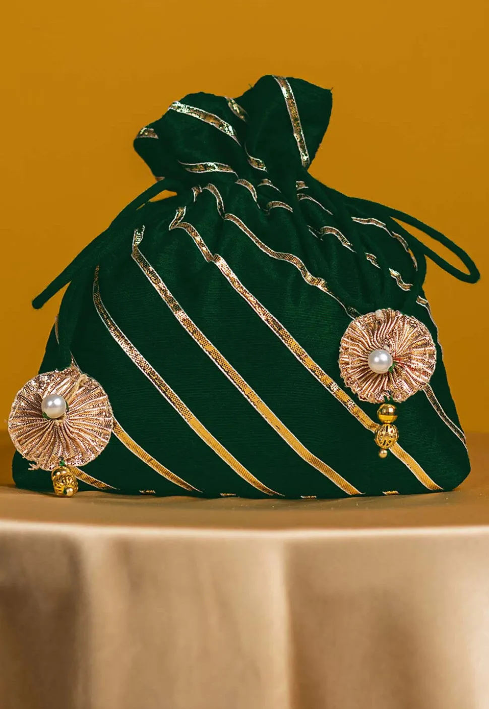 Embroidered Art Silk Potli Bag in Dark Green