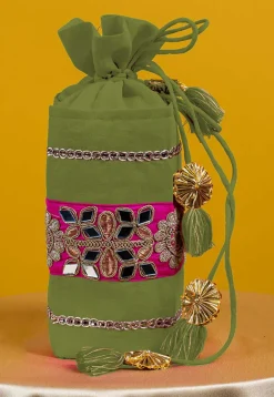 Embroidered Art Silk Potli Bag in Olive Green