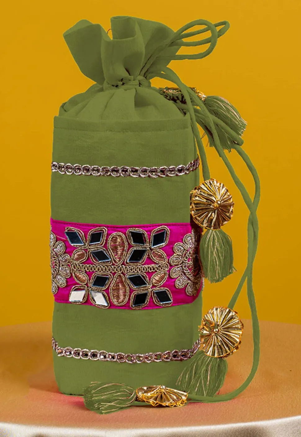 Embroidered Art Silk Potli Bag in Olive Green