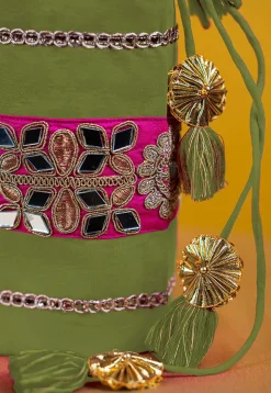 Embroidered Art Silk Potli Bag in Olive Green