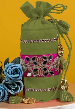 Embroidered Art Silk Potli Bag in Olive Green