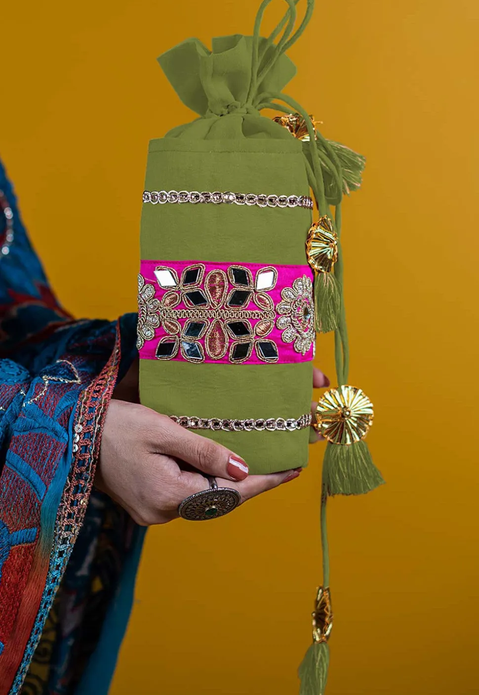 Embroidered Art Silk Potli Bag in Olive Green