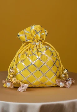 Embroidered Art Silk Potli Bag in Yellow