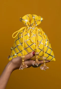 Embroidered Art Silk Potli Bag in Yellow