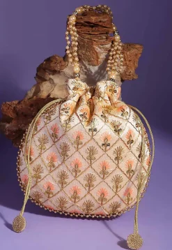 Embroidered Art Silk Potli Bag in Light Beige