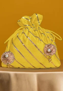 Embroidered Art Silk Potli Bag in Yellow
