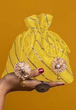 Embroidered Art Silk Potli Bag in Yellow