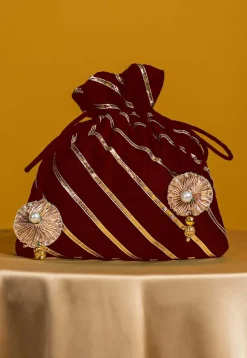 Embroidered Art Silk Potli Bag in Maroon