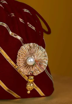 Embroidered Art Silk Potli Bag in Maroon