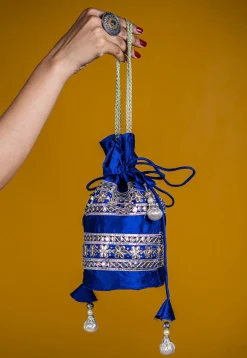 Embroidered Art Silk Potli Bag in Royal Blue