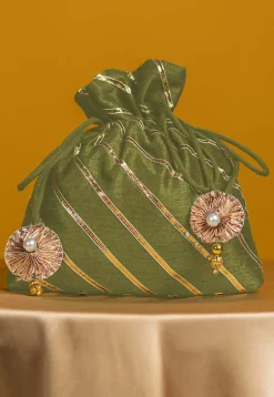 Embroidered Art Silk Potli Bag in Olive Green