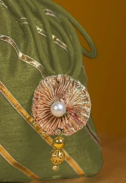 Embroidered Art Silk Potli Bag in Olive Green