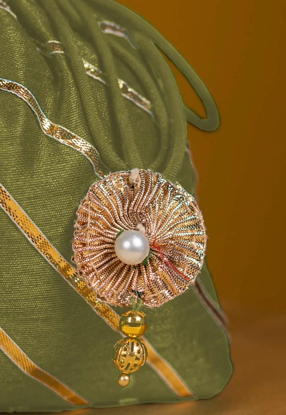 Embroidered Art Silk Potli Bag in Olive Green