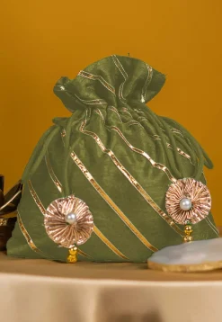 Embroidered Art Silk Potli Bag in Olive Green