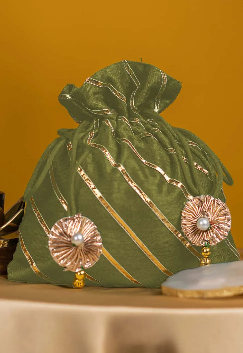 Embroidered Art Silk Potli Bag in Olive Green