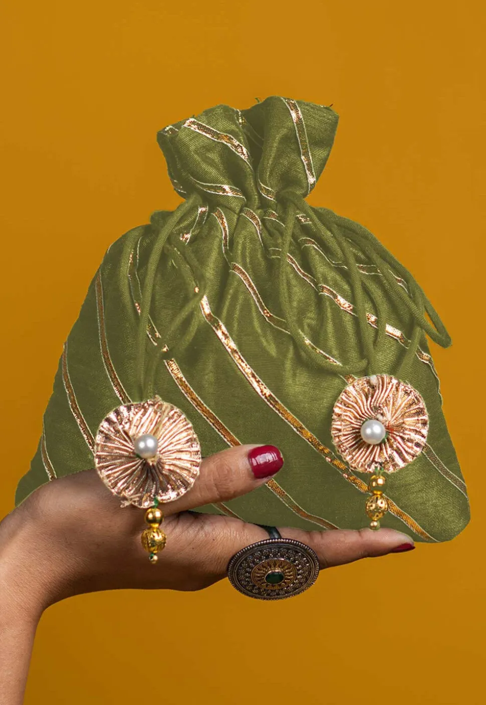 Embroidered Art Silk Potli Bag in Olive Green