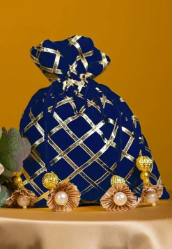 Embroidered Art Silk Potli Bag in Blue